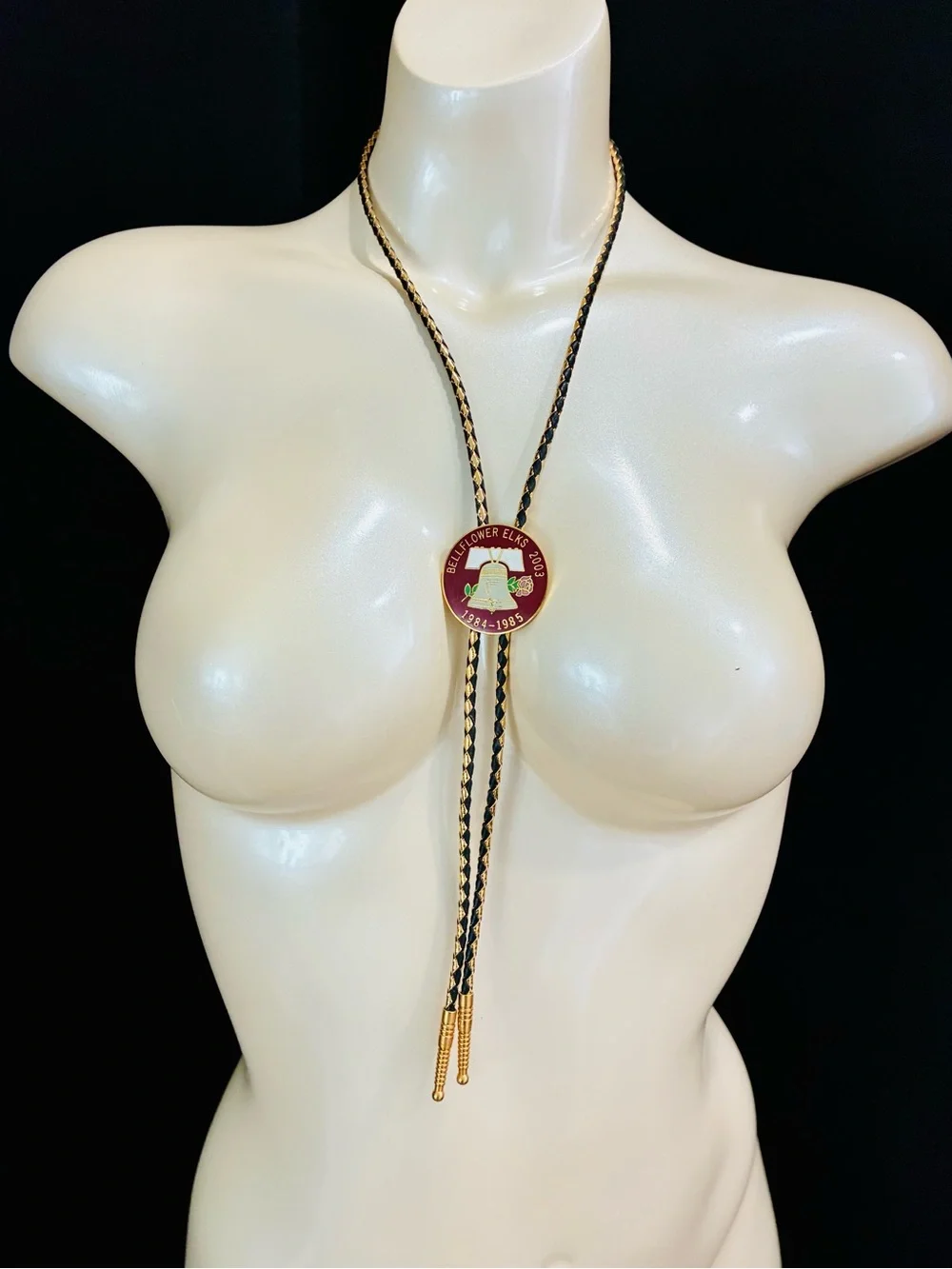 VTG Bellflower, Ca ELKS LODGE 2003 Braided LEA Bolo Necklace with Red Medallion